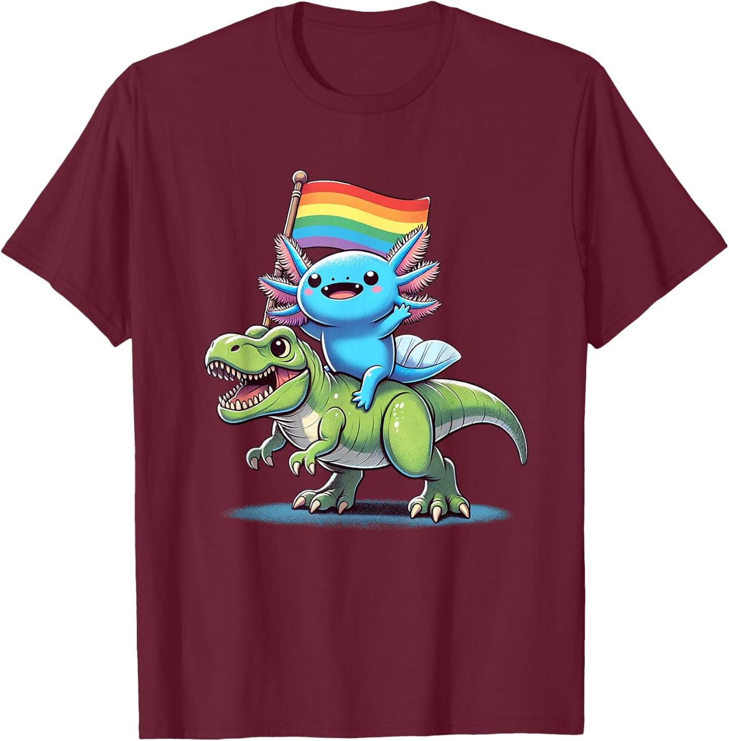 Axolotl Dinosaur Rainbow Flag Pride Gay Lesbian Proud Ally T-Shirt - T-Shirt | Maroon