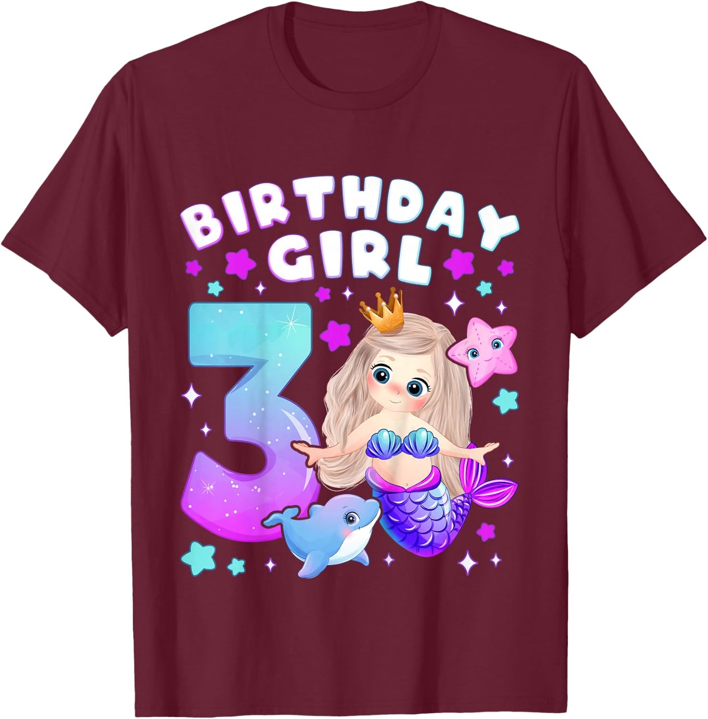 3rd Birthday Girl 3 Years, Mermaid, Number 3 T-Shirt - T-Shirt | Maroon