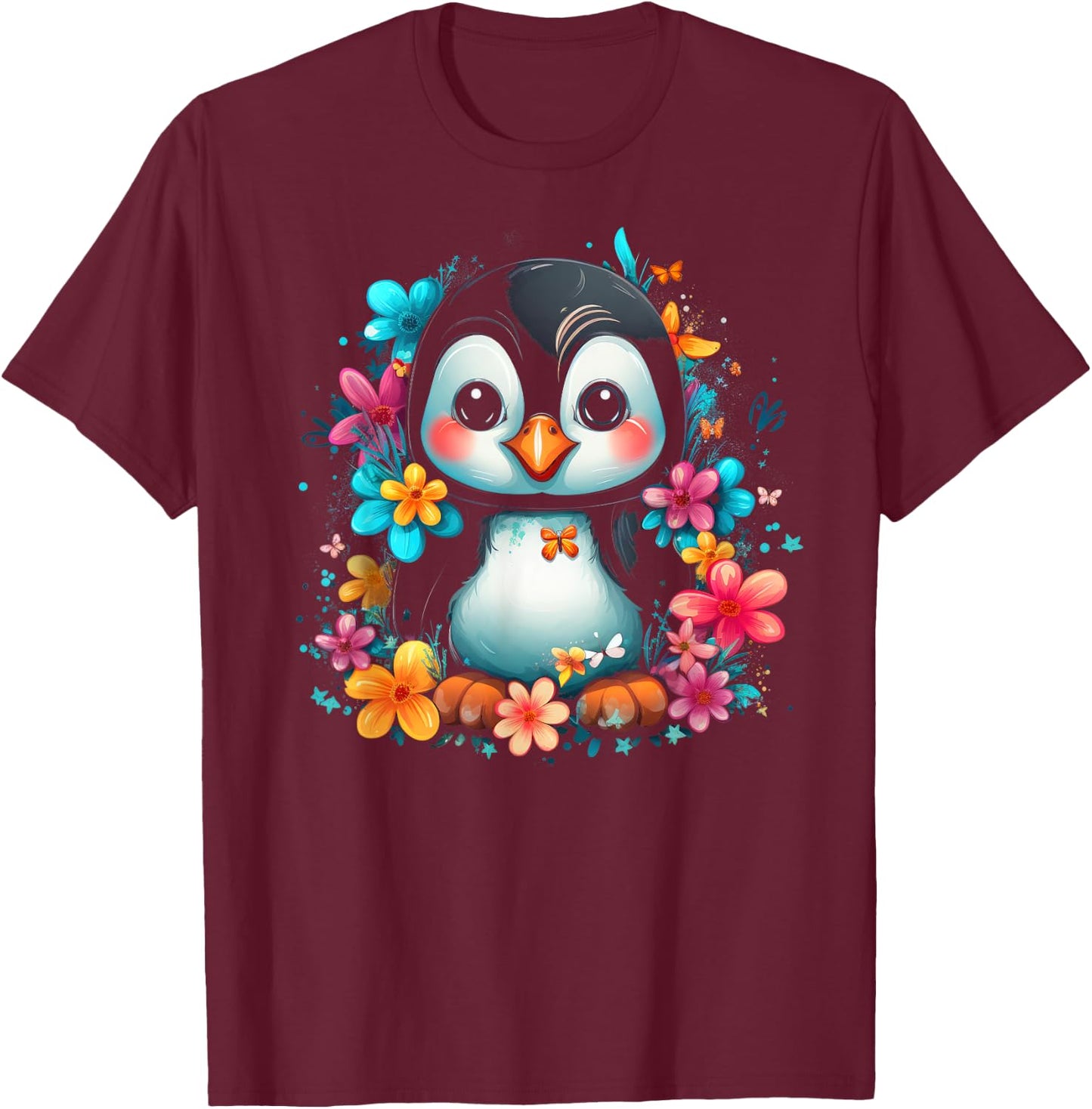 Cute Bird Face Floral Colorful Flower Butterfly - Penguin T-Shirt - T-Shirt | Maroon
