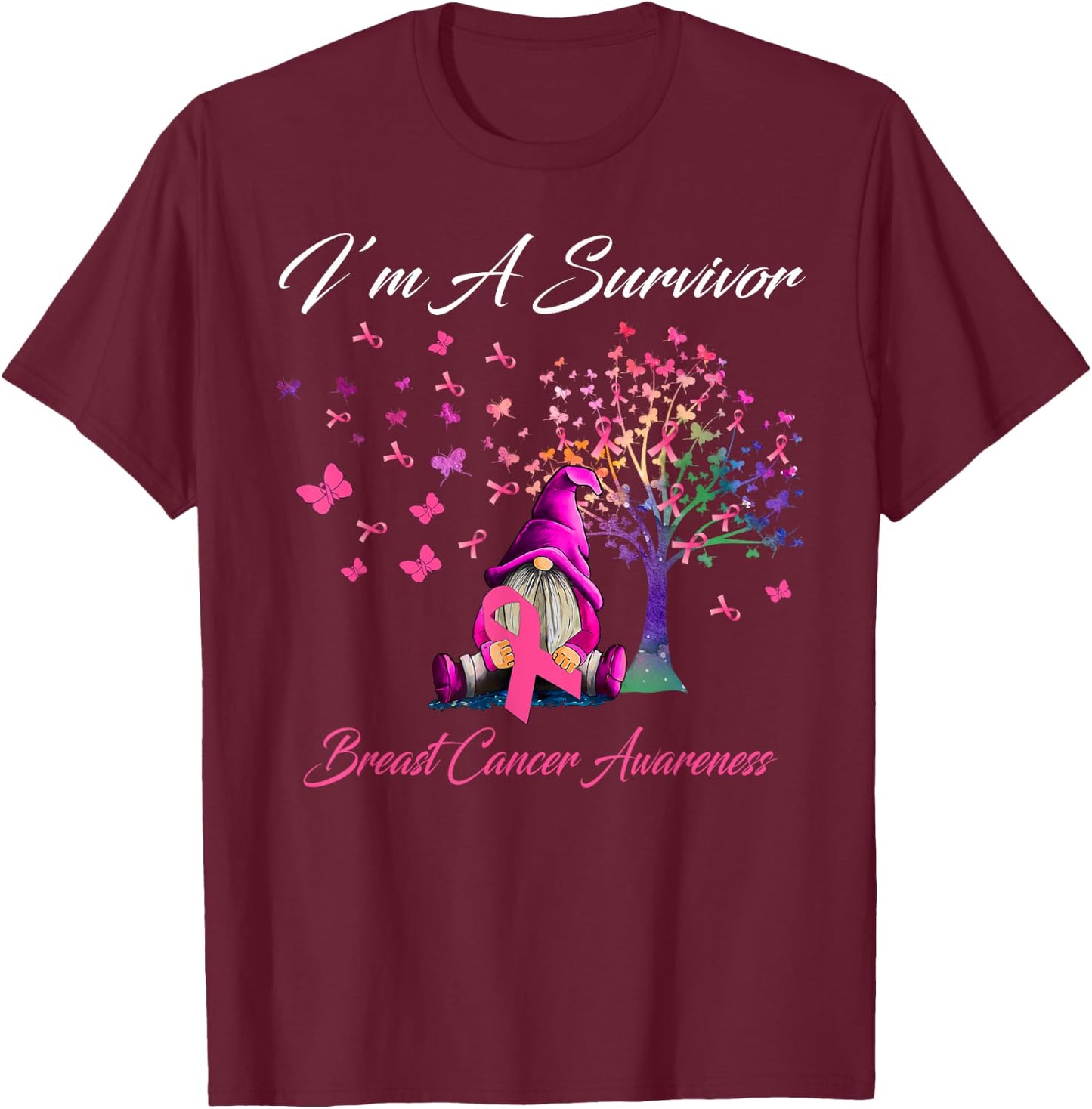 Funny Gnomes I'm A Survivor Breast Cancer Awareness T-Shirt - T-Shirt | Maroon