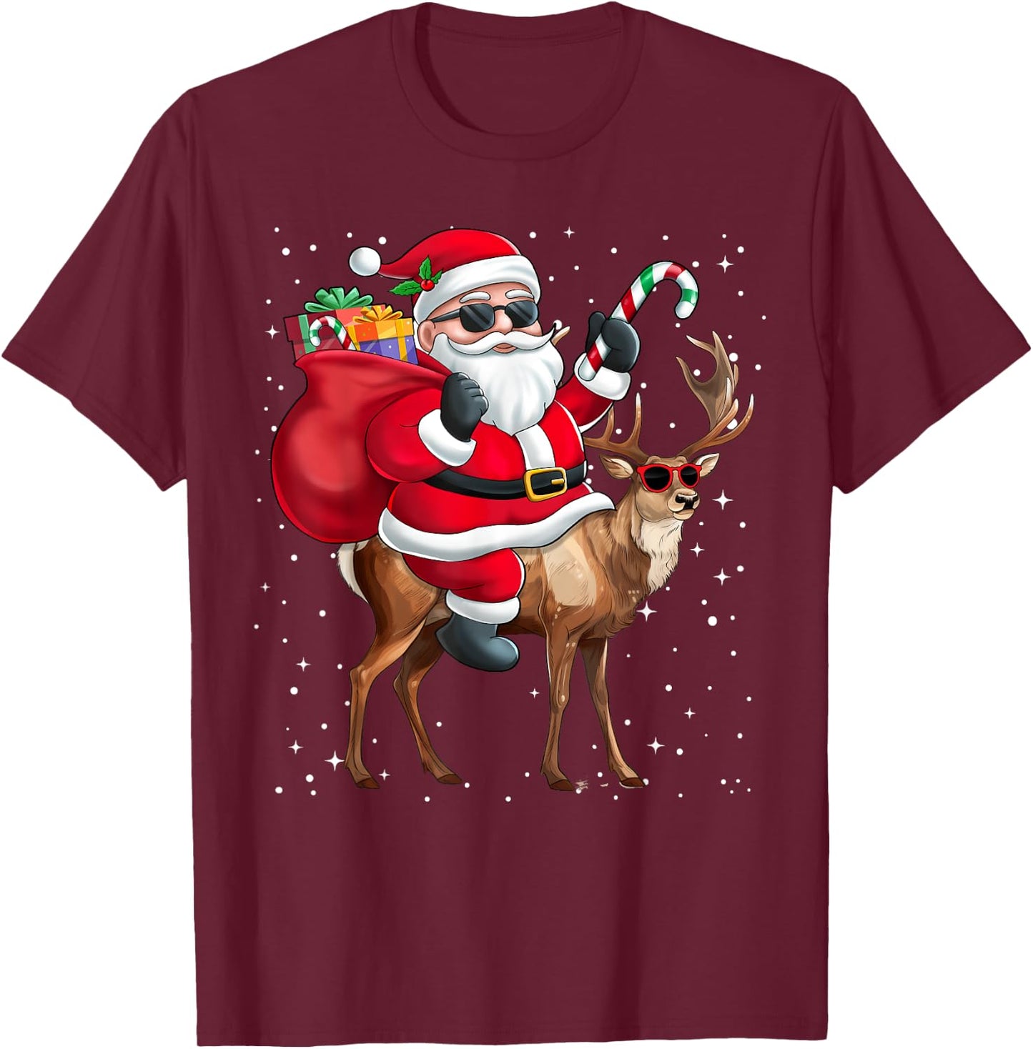 Santa Claus Riding A Reindeer Christmas Boy Girl Kids T-Shirt - T-Shirt | Maroon