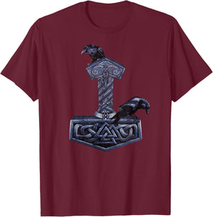 Viking Norse Mythology Thor's Mjolnir Odin's Huginn & Muninn T-Shirt - T-Shirt | Maroon
