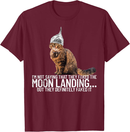 Conspiracy Cat Moon Landing Conspiracy Theory Tin Foil Hat Men Women T-Shirt - T-Shirt | Maroon