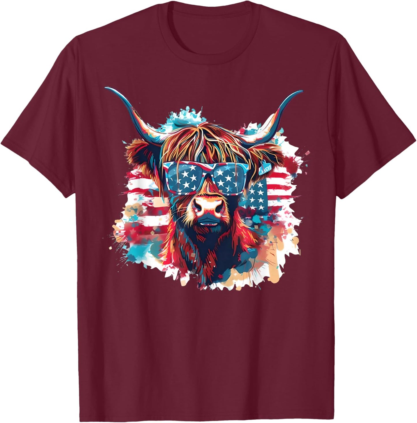 4th of July Highland Cow American Flag Funny Cows Lover Farm T-Shirt - T-Shirt | Maroon