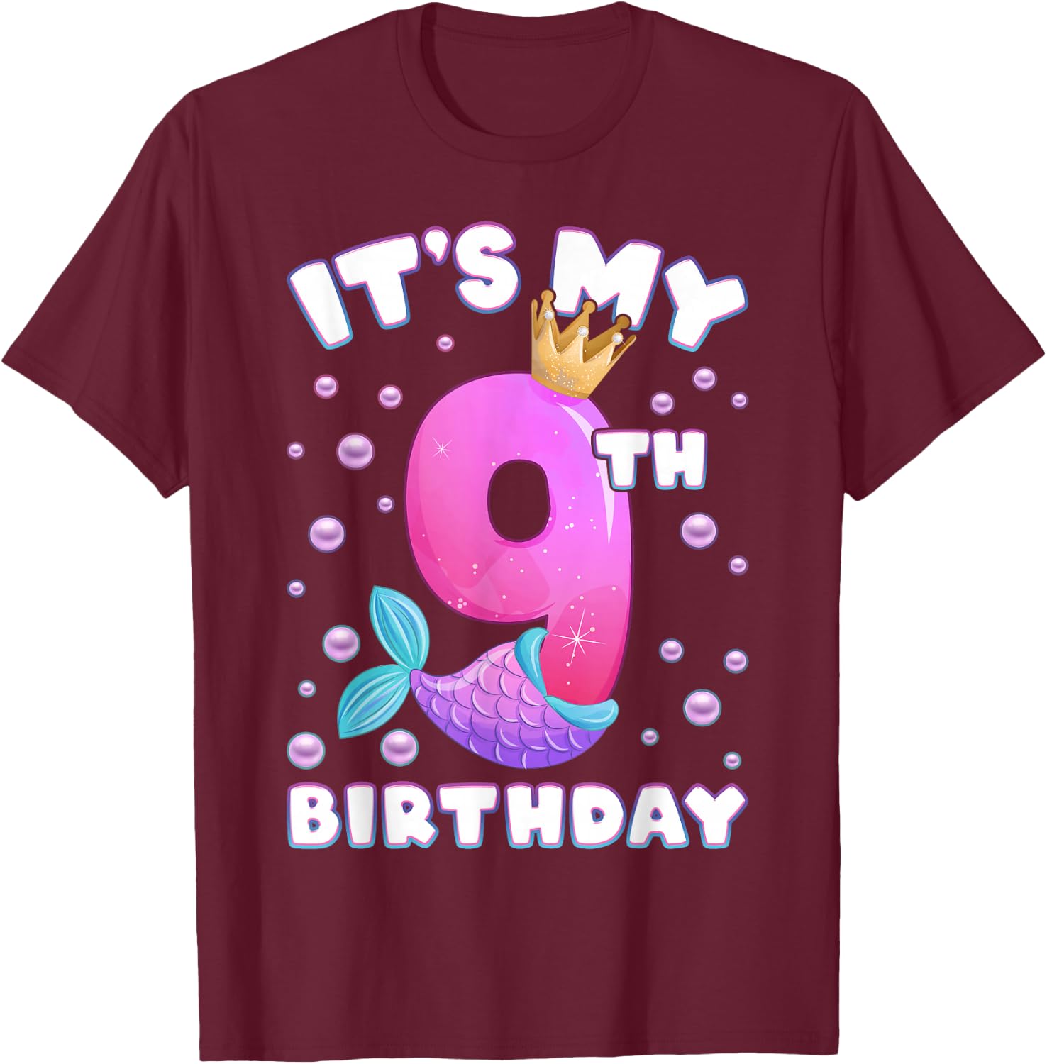 9th Birthday Girl Mermaid Tail Number 9 T-Shirt - T-Shirt | Maroon