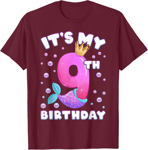 9th Birthday Girl Mermaid Tail Number 9 T-Shirt - T-Shirt | Maroon