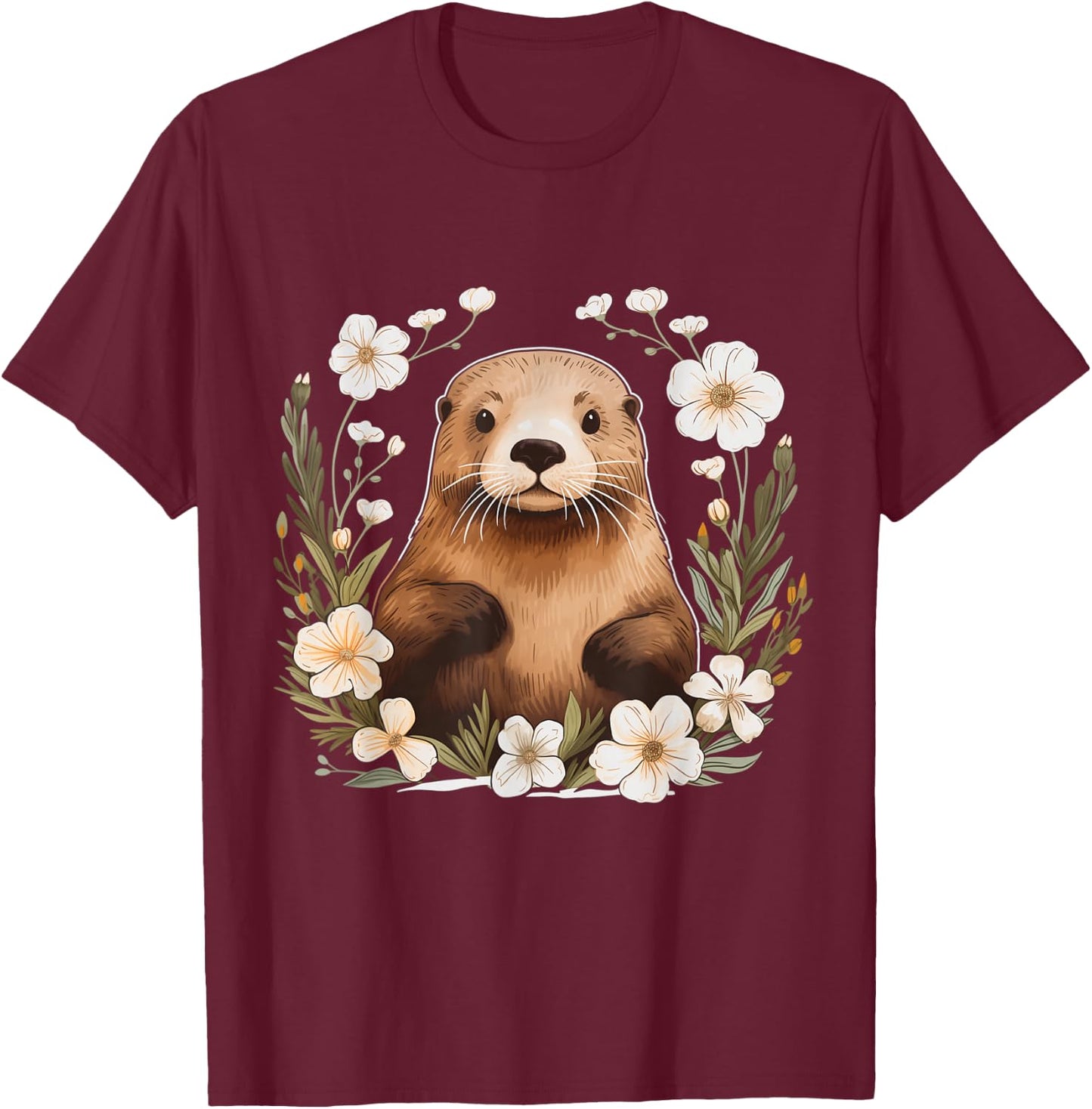 Otter Floral Artwork Vintage Flowers Cute Sea Otter T-Shirt - T-Shirt | Maroon
