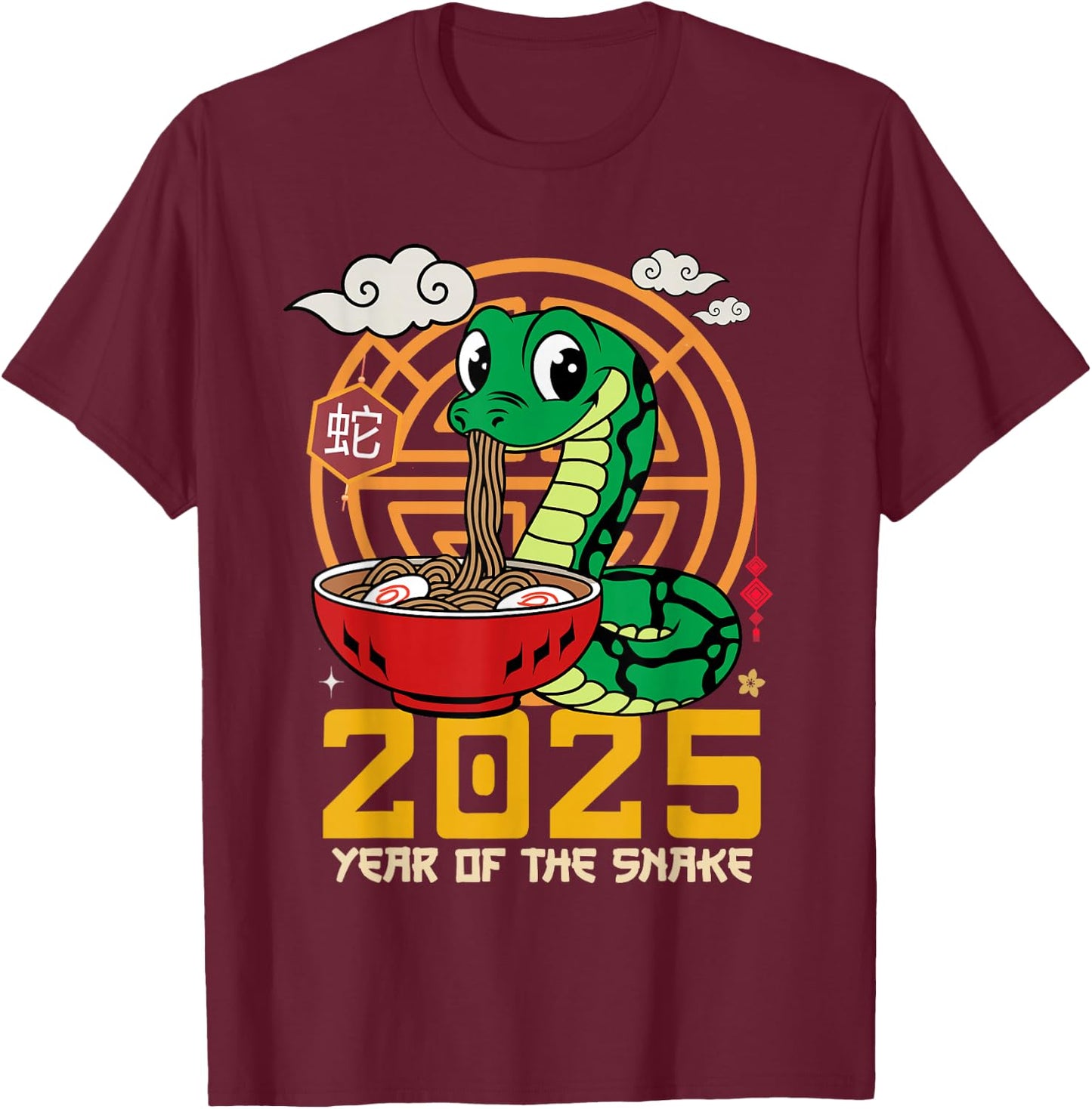 Cute Chinese New Year Of The Snake 2025 Noodles Ramen Kids T-Shirt - T-Shirt | Maroon