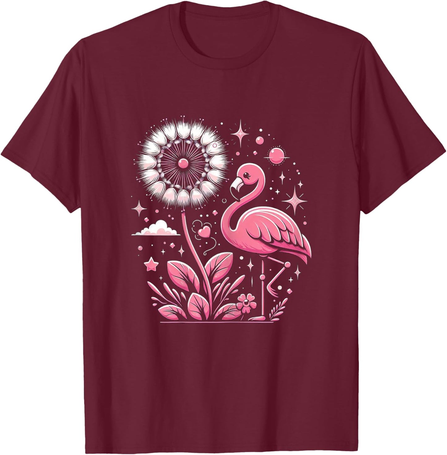 Flamingo And Dandelion Flowers Pink Bird T-Shirt - T-Shirt | Maroon