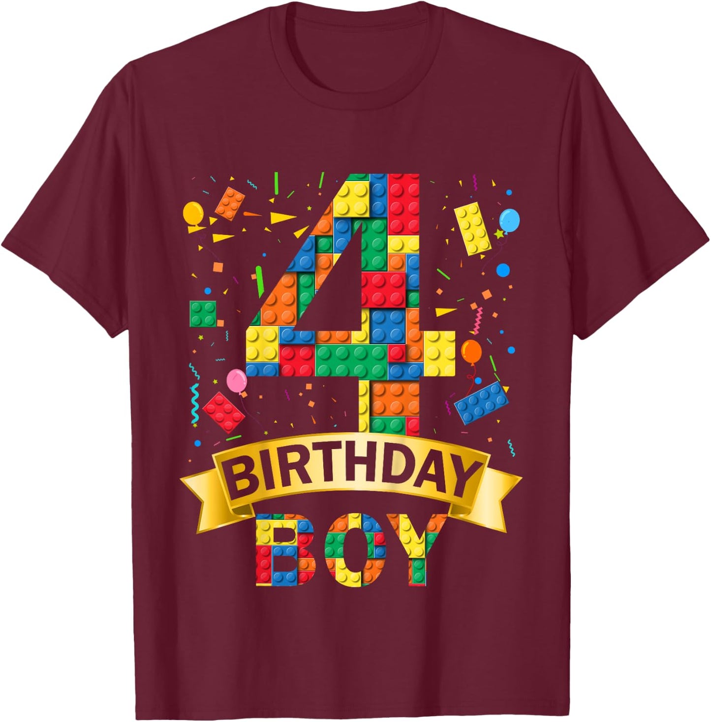 Kinder 4rd Birthday Boy 4 Year Old Building Blocks 4th Birthday Boy T-Shirt - T-Shirt | Maroon