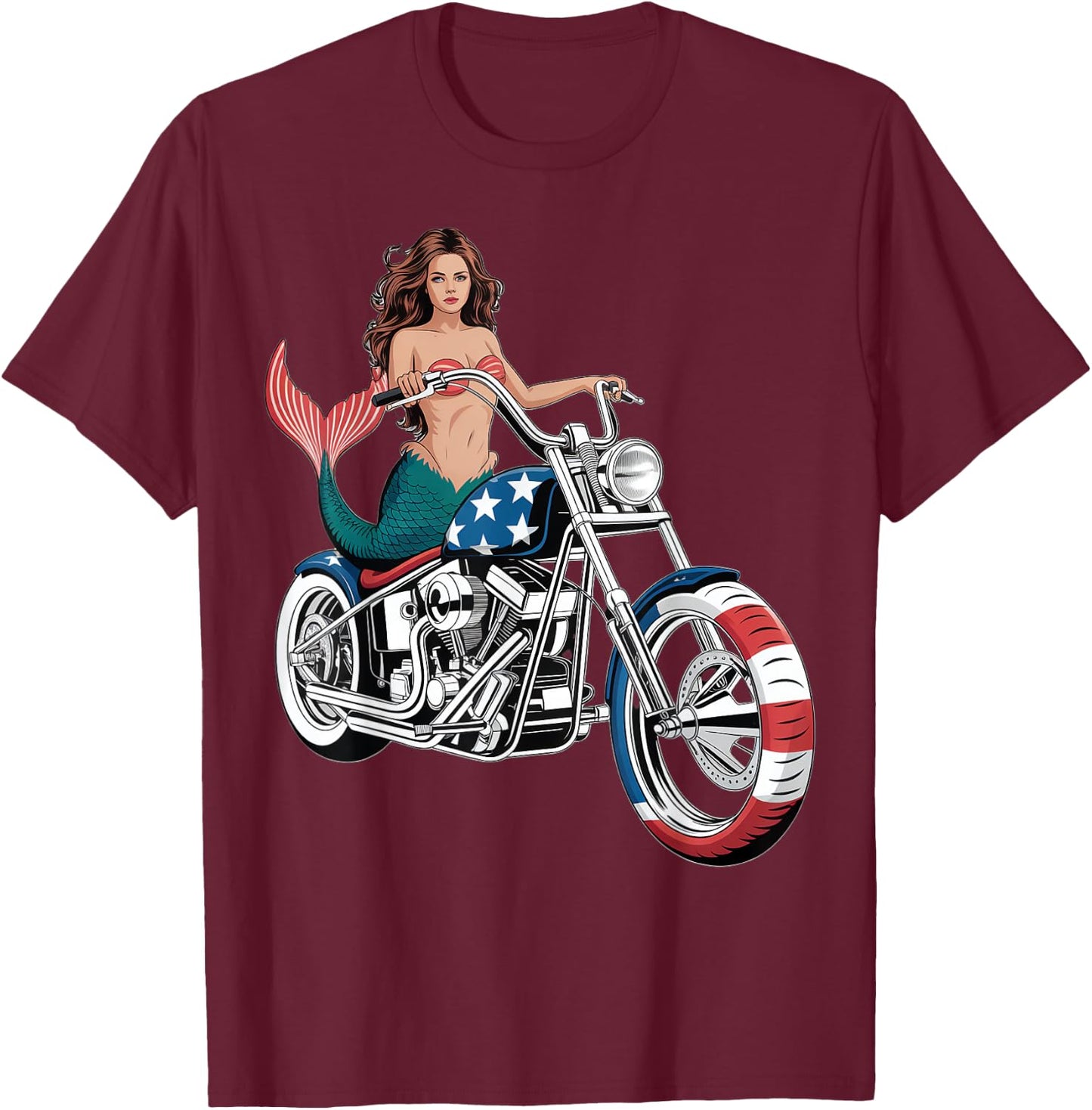 Mermaid Chopper Motorcycle Design T-Shirt - T-Shirt | Maroon
