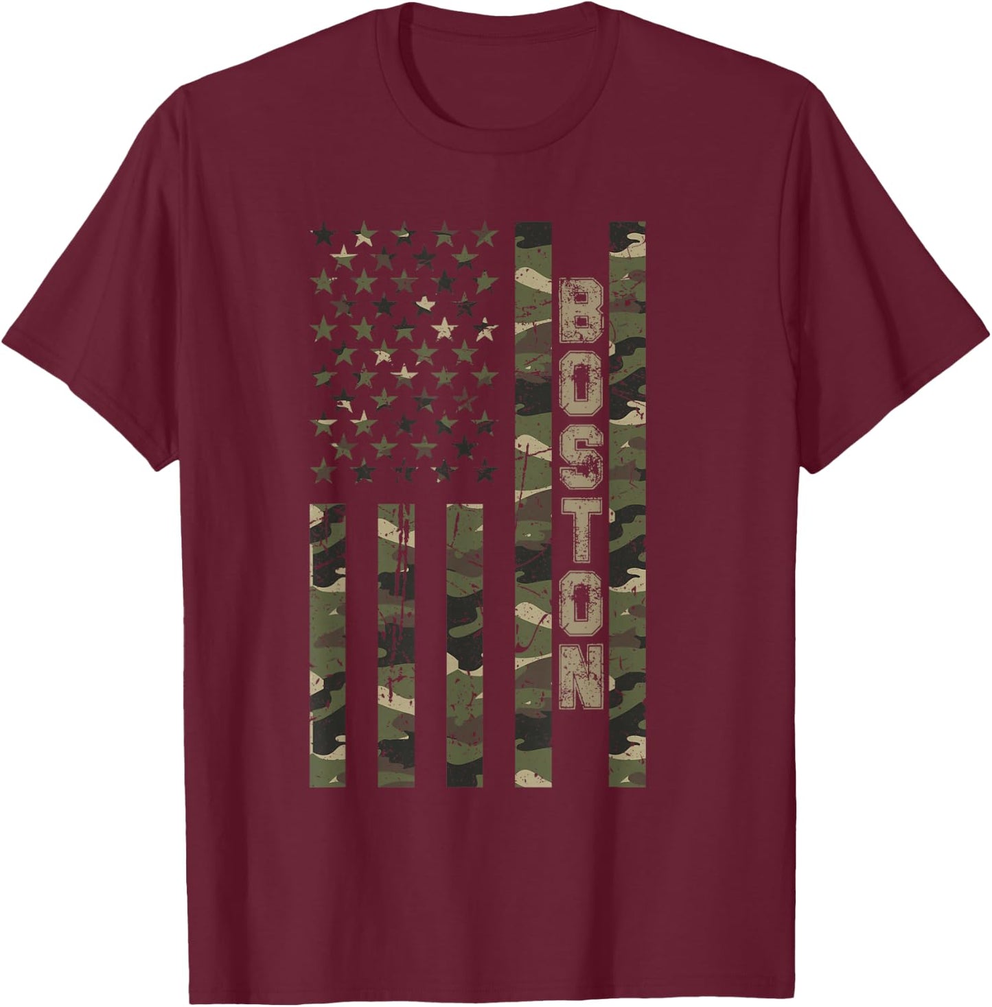 Boston United States Distressed Camo w US Flag T-Shirt - T-Shirt | Maroon