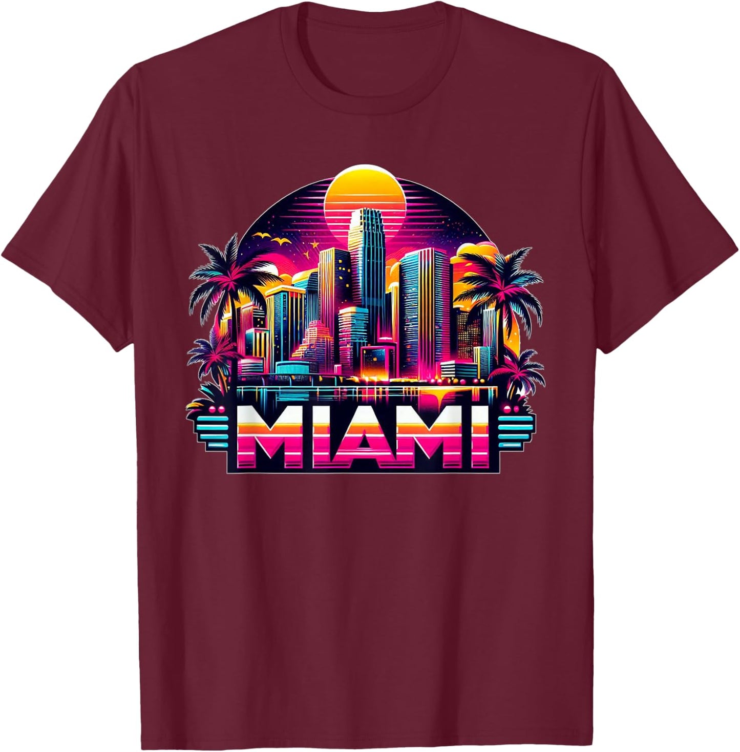 Miami City Men Florida Vibrant Colorful Souvenir Miami , Black, S T-Shirt - T-Shirt | Maroon