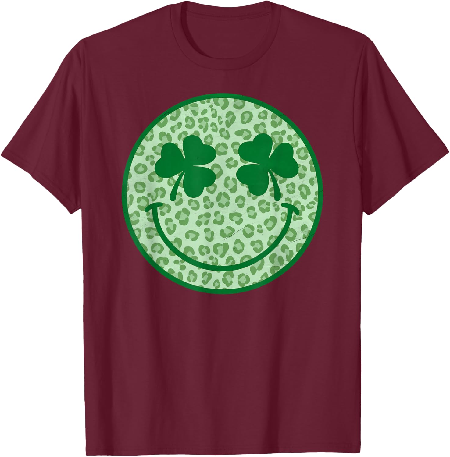 Smile Happy St Patricks Day Retro Shamrock Leopard T-Shirt - T-Shirt | Maroon