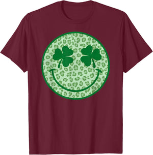 Smile Happy St Patricks Day Retro Shamrock Leopard T-Shirt - T-Shirt | Maroon