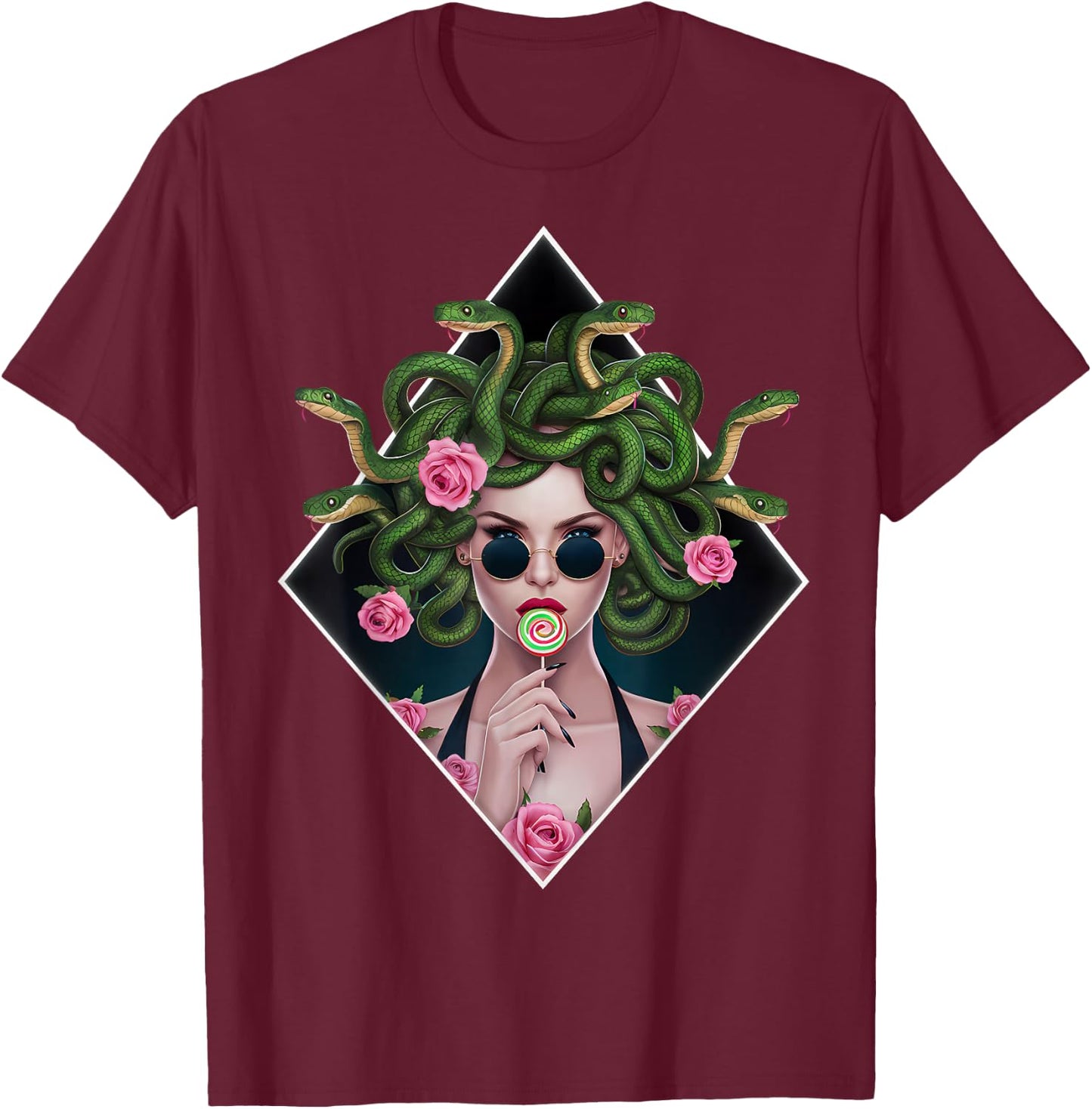 Medusa Snakes Roses Lollipop Floral Greek Mythology T-Shirt - T-Shirt | Maroon