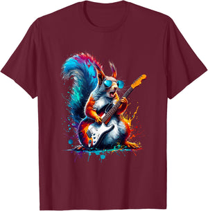 Colorful Splash Art Squirrel Guitarist Electric Guitar T-Shirt - T-Shirt | Maroon