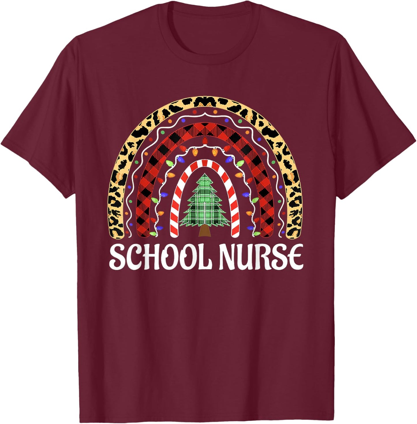 Christmas School Nurse Leopard Rainbow Nurse Xmas Christmas T-Shirt - T-Shirt | Maroon