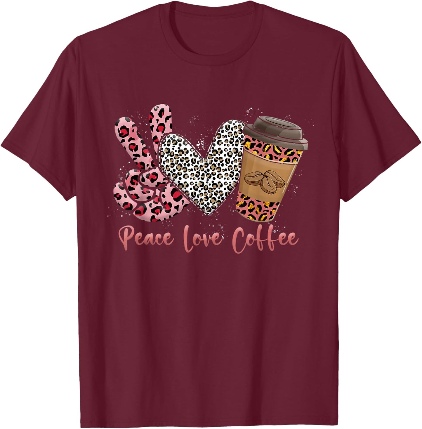 Leopard Peace Love Coffee Leopard-Print Heart Coffee Lovers T-Shirt - T-Shirt | Maroon