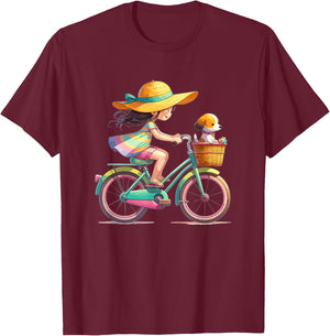 Girl on Bicycle with Little Dog in Bicycle Basket , black T-Shirt - T-Shirt | Maroon