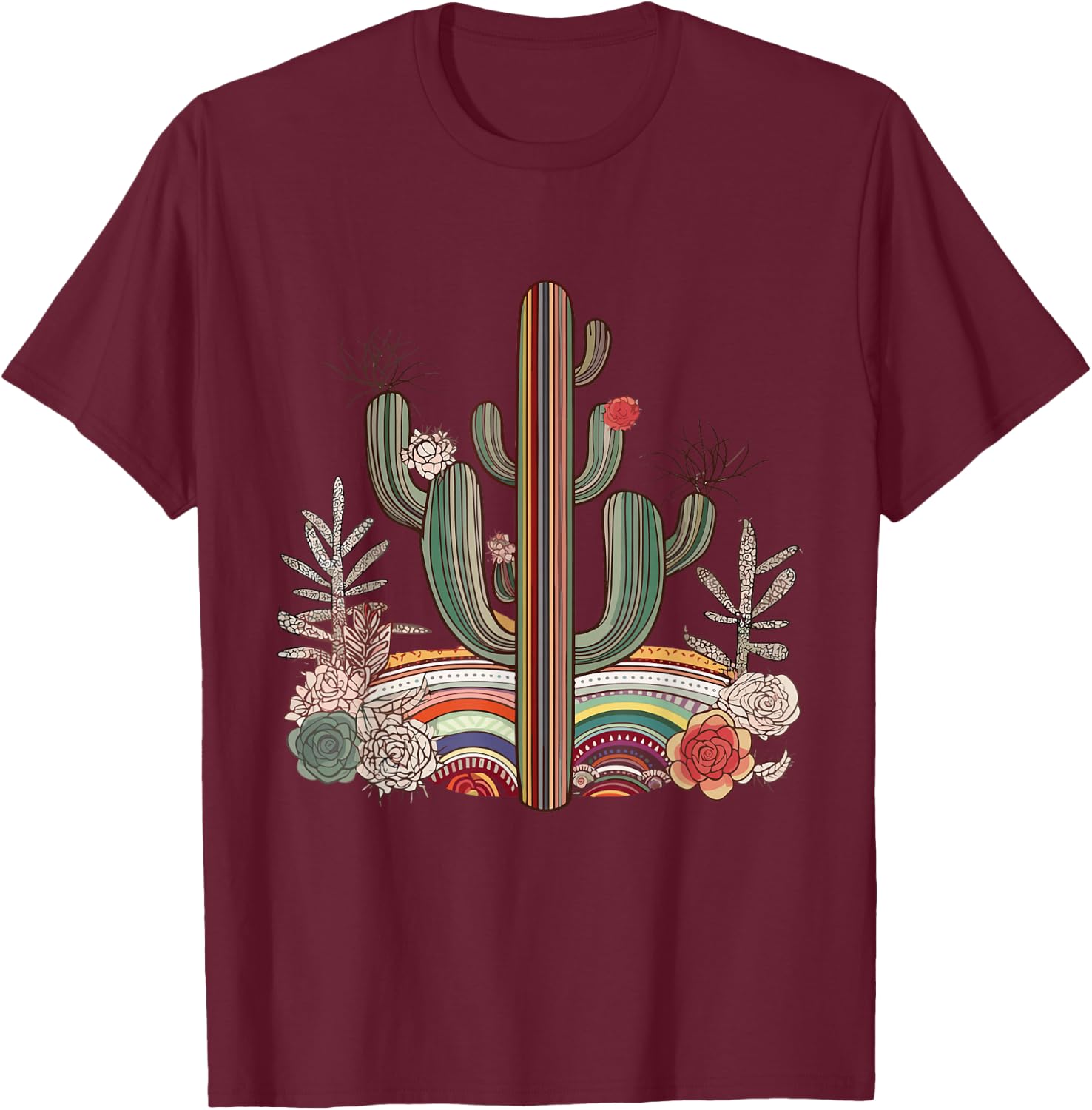 Serape Cactus Print Turquoise Western Saguaro Cactus T-Shirt - T-Shirt | Maroon