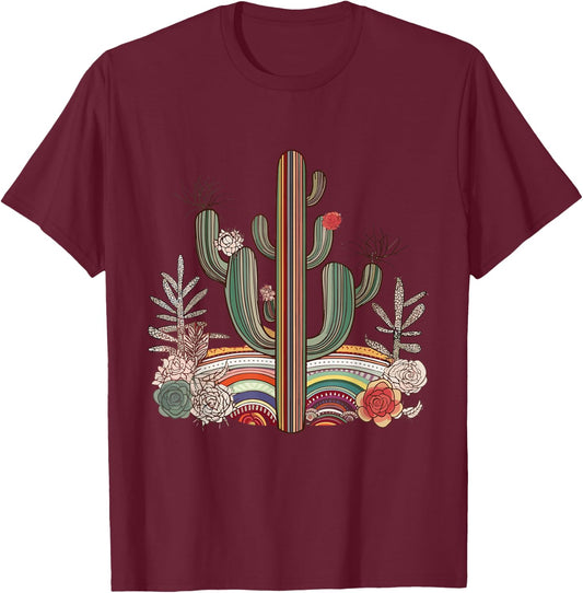 Serape Cactus Print Turquoise Western Saguaro Cactus T-Shirt - T-Shirt | Maroon