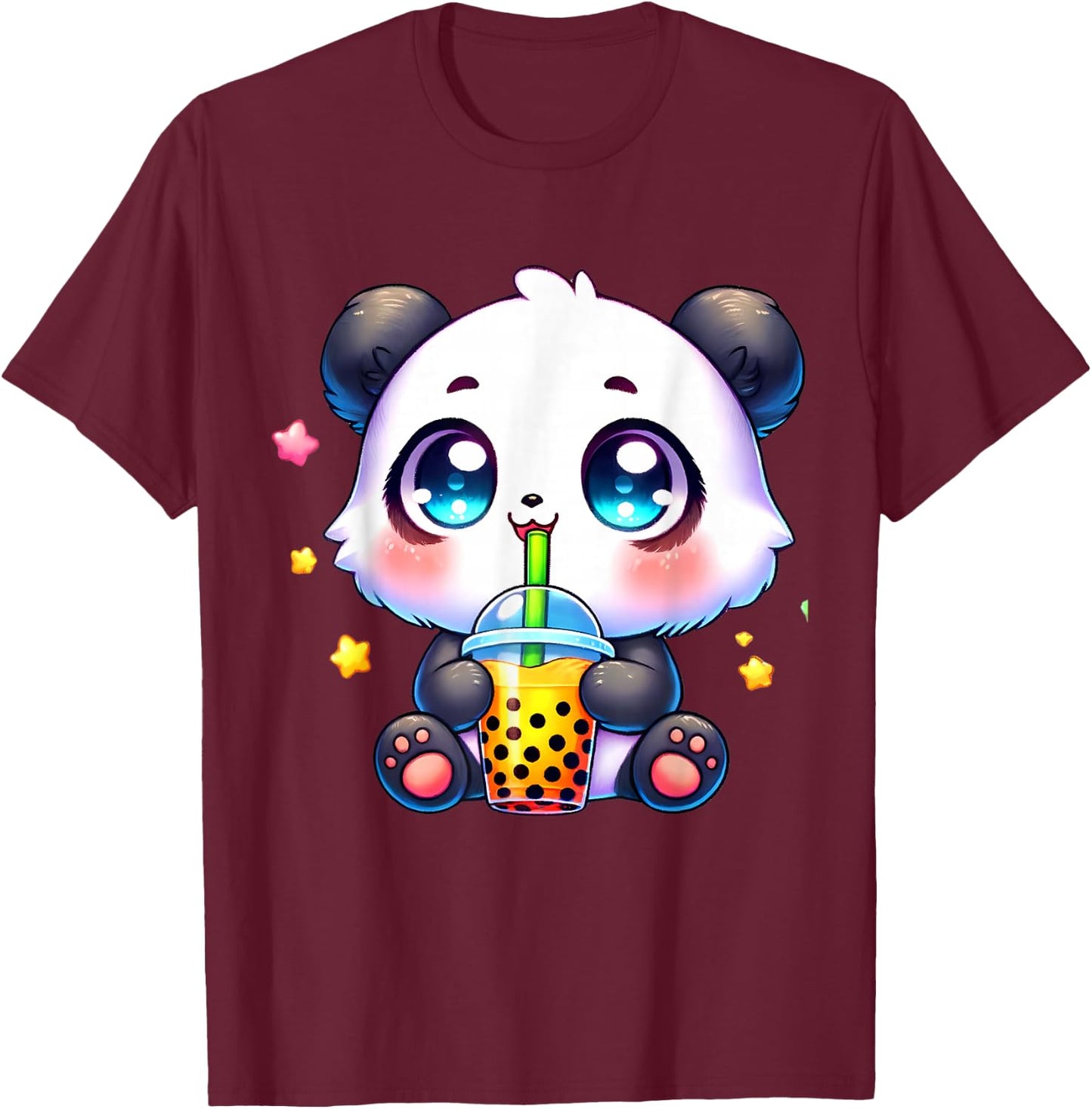 Kawaii Panda Drinking Boba Bubble Cute Anime for Kids T-Shirt - T-Shirt | Maroon