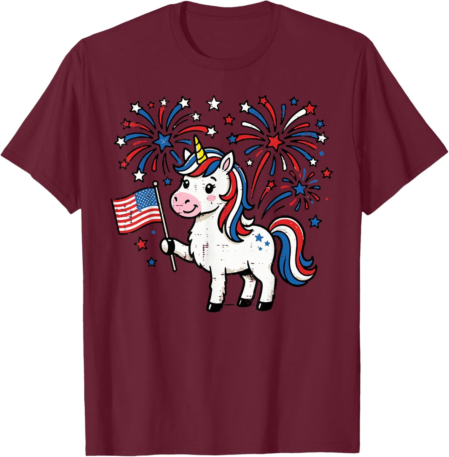 Patriotic Unicorn US Flag Fireworks 4th of July Girl Kids T-Shirt - T-Shirt | Maroon