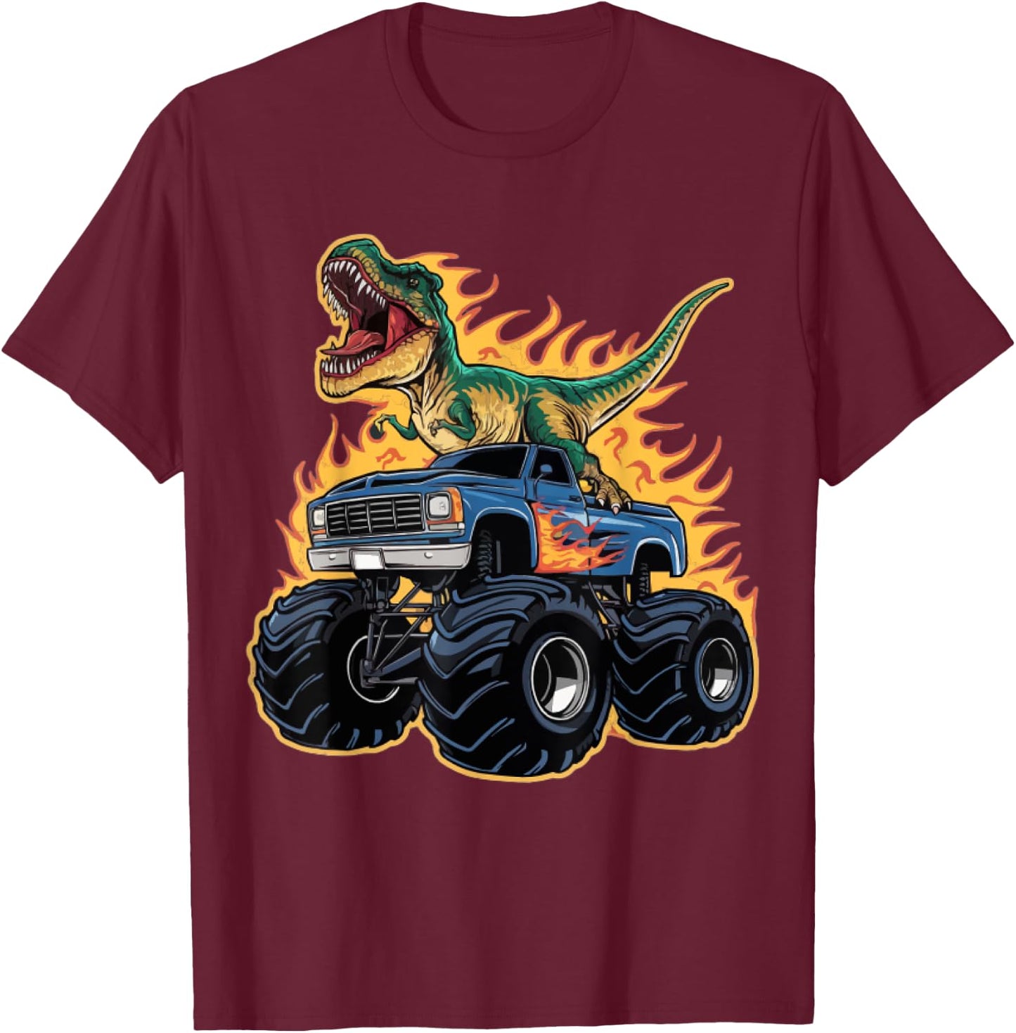 Monster Truck Dinosaur Birthday Party Monster Truck Boy , Black, S T-Shirt - T-Shirt | Maroon