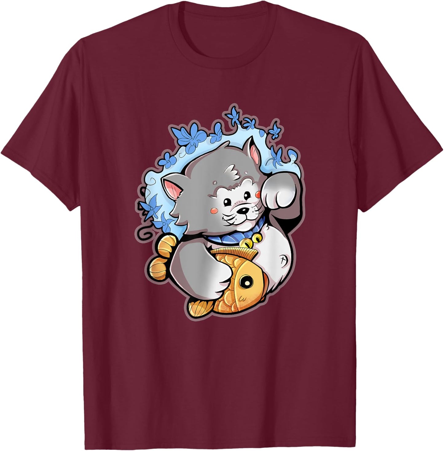 Lucky Gray Maneki-Neko Cat with a Taiyaki T-Shirt - T-Shirt | Maroon