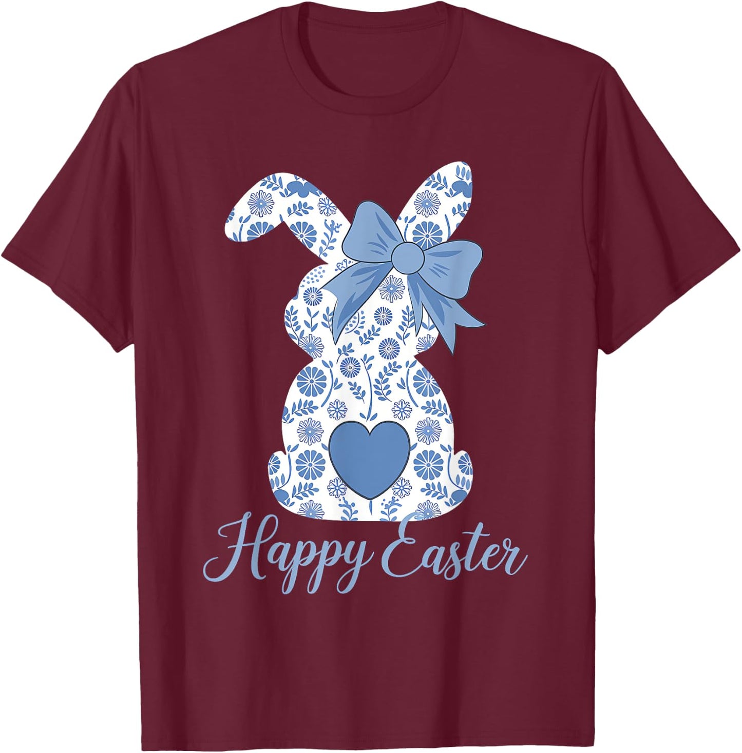 Easter Chinoiserie Floral Bunny With Cute Blue Bow Coquette T-Shirt - T-Shirt | Maroon