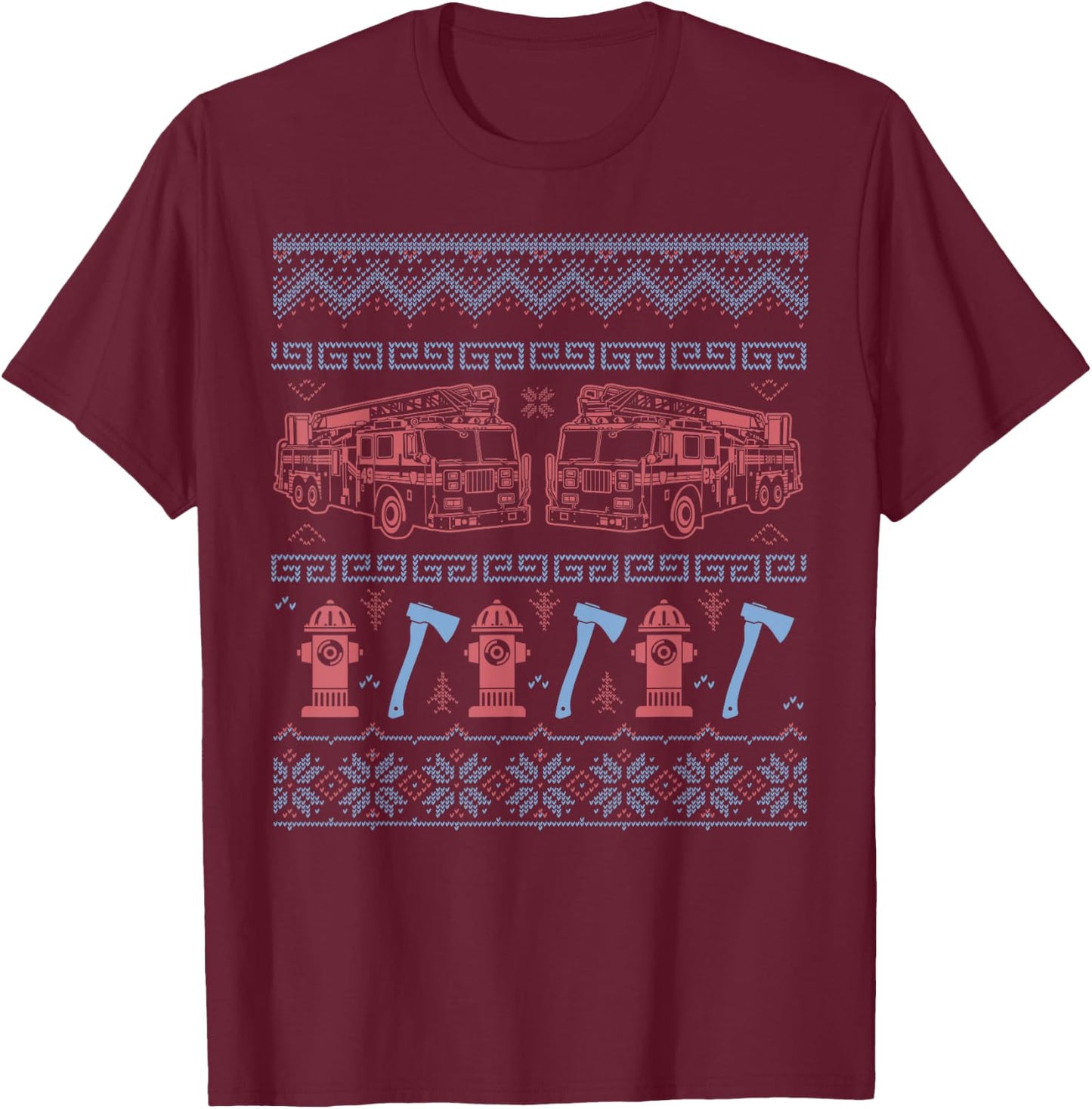 Ugly Firefighter Christmas Sweater T-Shirt - T-Shirt | Maroon