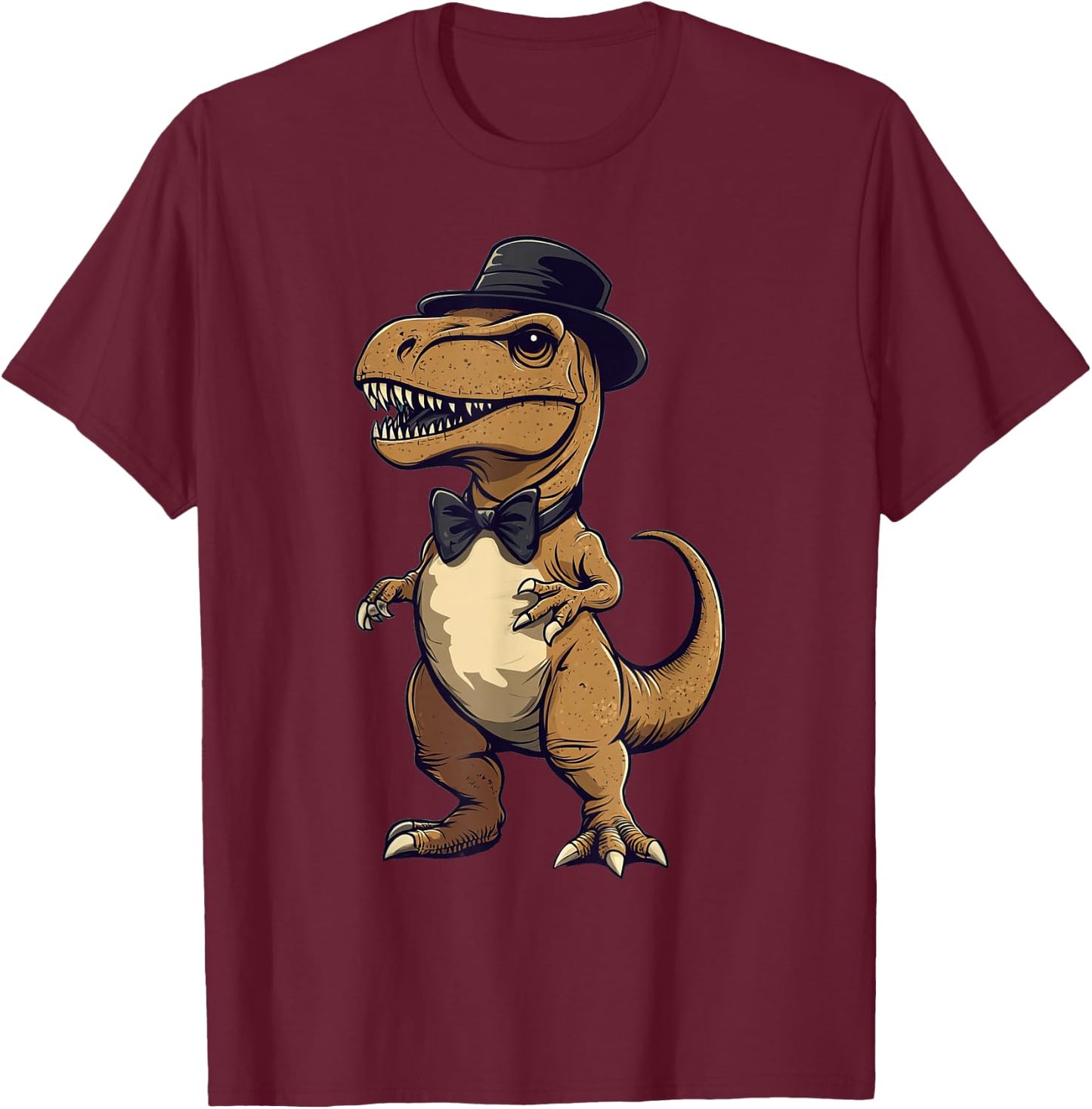 T-Rex Dinosaur Wearing A Hat And Bowtie T-Shirt - T-Shirt | Maroon