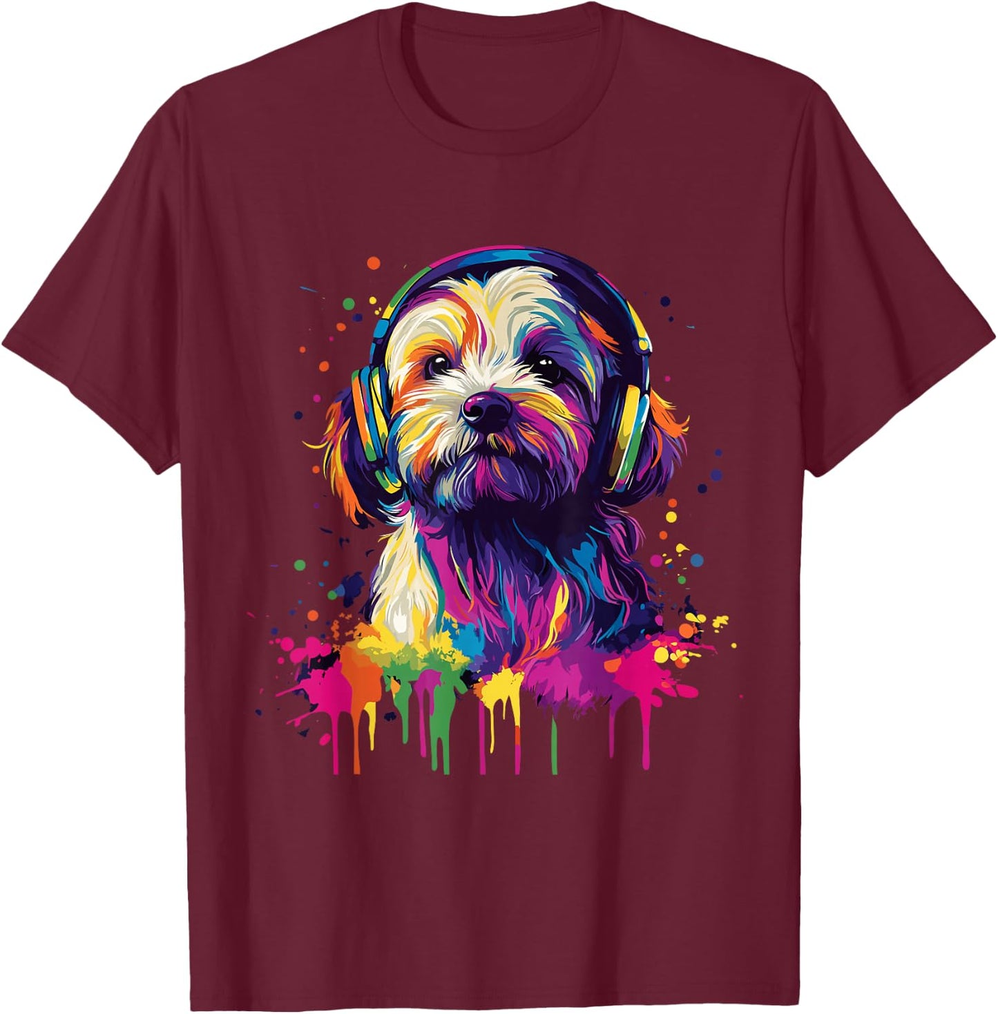 Havanese Lover Pop Art Wearing Headphones Funny Havanese , black T-Shirt - T-Shirt | Maroon