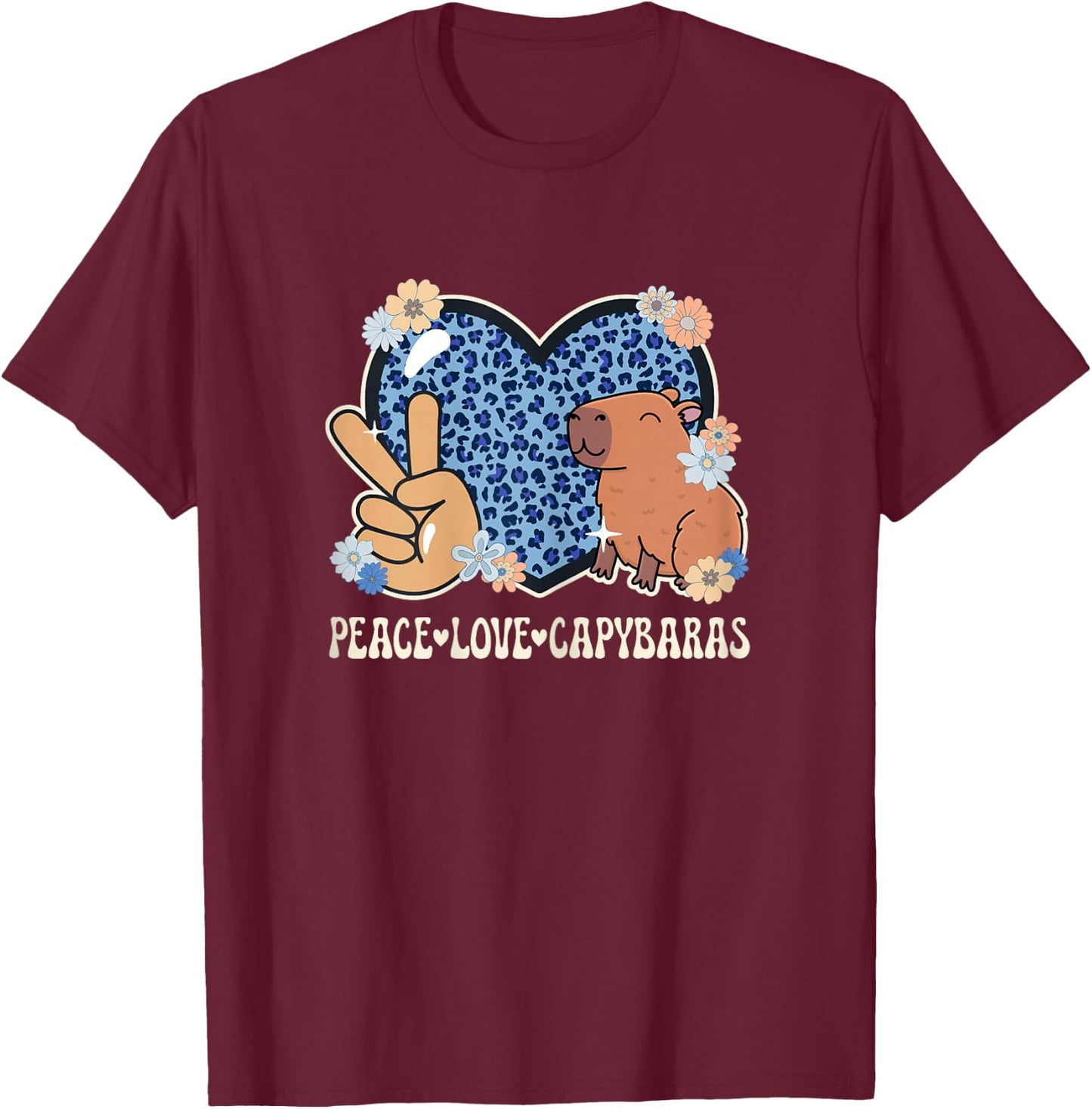 Peace Love Capybaras Leopard Print Women Cute Capybara Lover T-Shirt - T-Shirt | Maroon