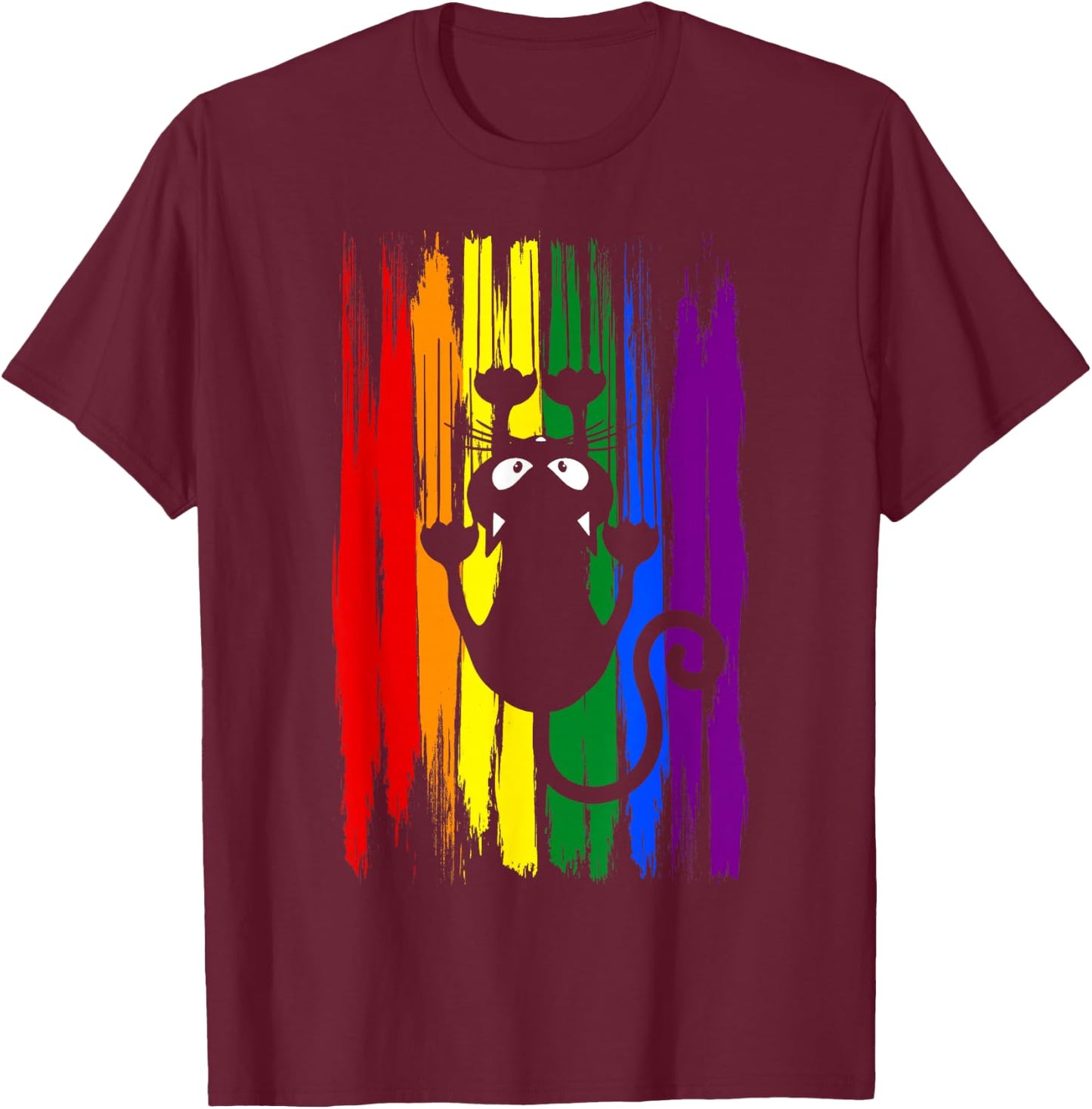 Clawing Black Cat on Rainbow Funny LGBTQ+ Pride T-Shirt - T-Shirt | Maroon