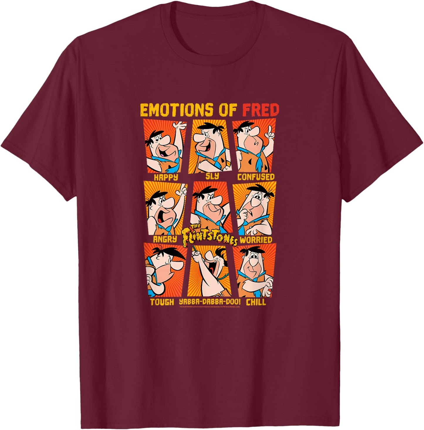 The Flintstones Emotions of Fred Flintstone Box-Up Grid T-Shirt - T-Shirt | Maroon
