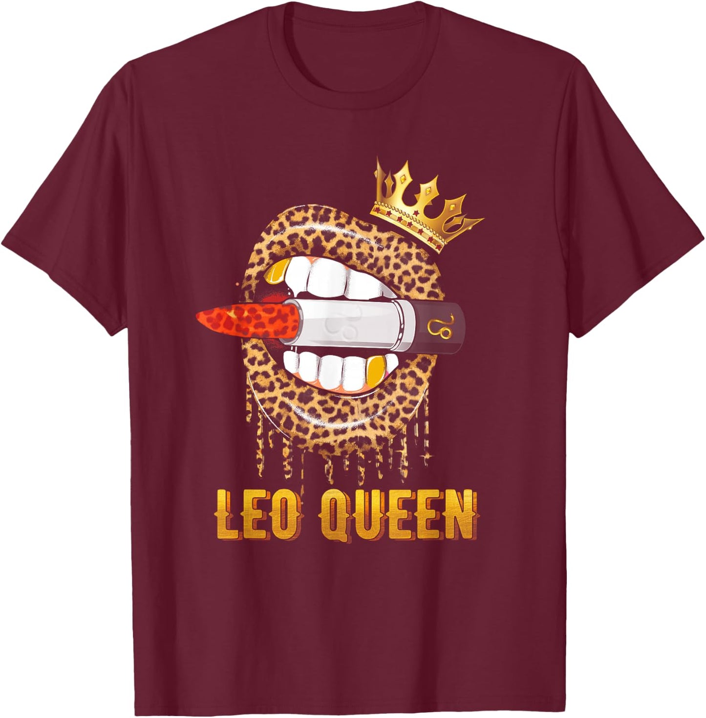 Leo Queen Crown Leopard Print , black T-Shirt - T-Shirt | Maroon