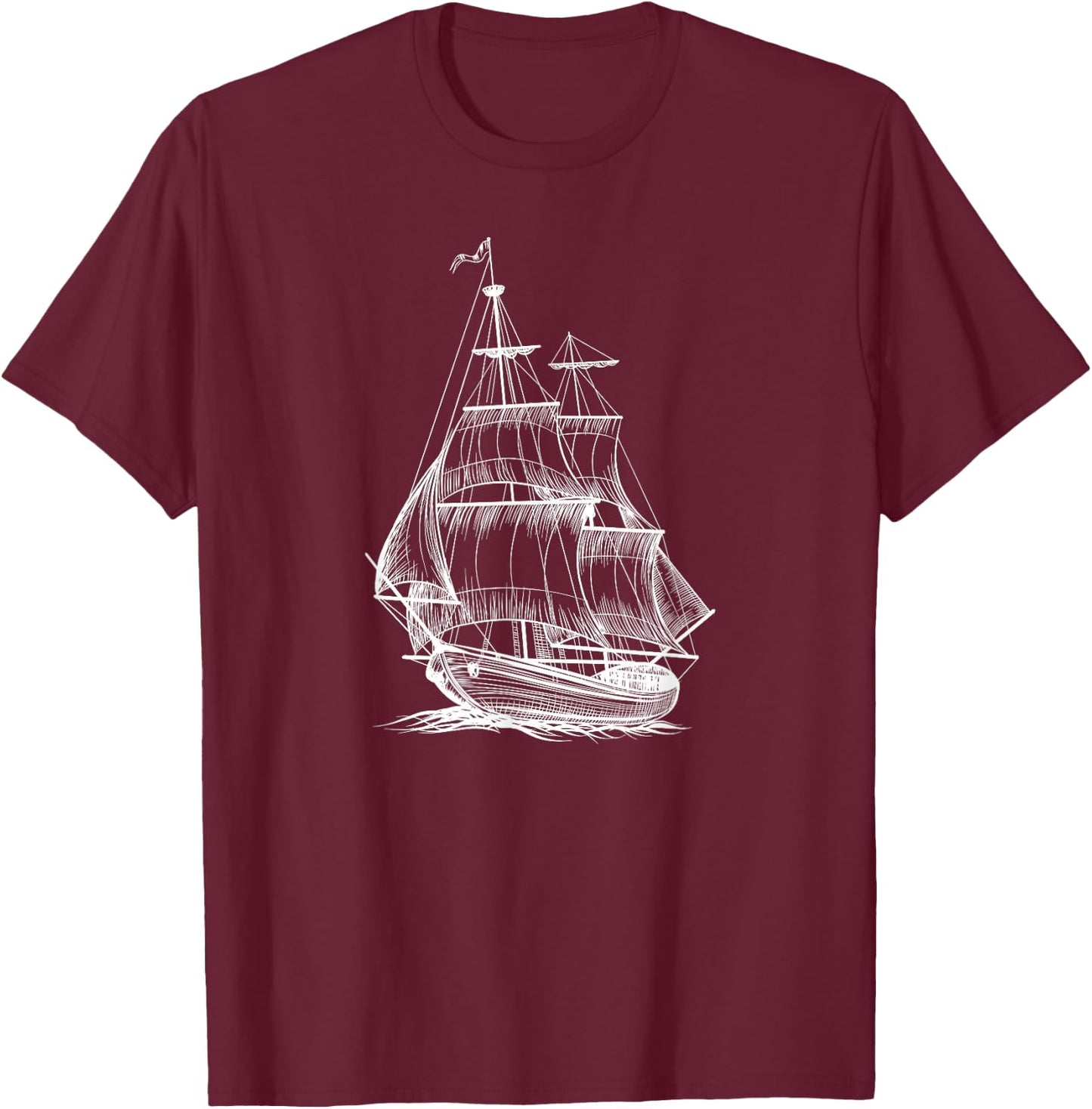 Vintage Pirate Ship Sailor Sailing Boat Sailboat Sketch Art T-Shirt - T-Shirt | Maroon