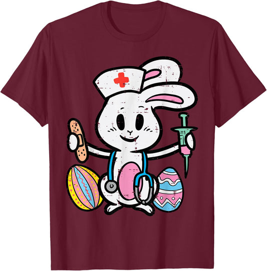 Easter Bunny Nurse Stethoscope Cute Rabbit Scrub Top Women T-Shirt - T-Shirt | Maroon