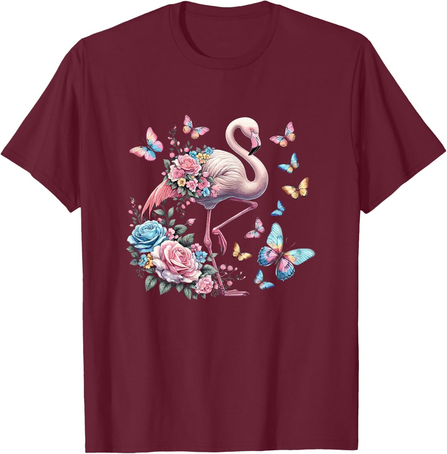 Cute Pink Flamingo Flowers T-Shirt - T-Shirt | Maroon