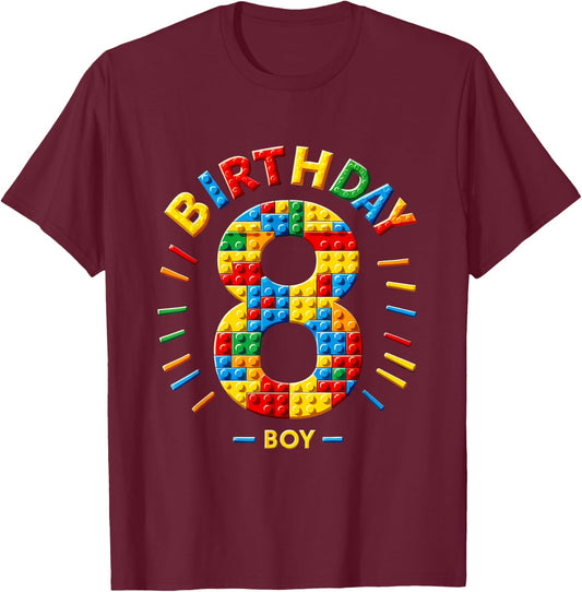 Master Builder 8th Birthday Boy 8 Eight Years Building Blocks , black T-Shirt - T-Shirt | Maroon