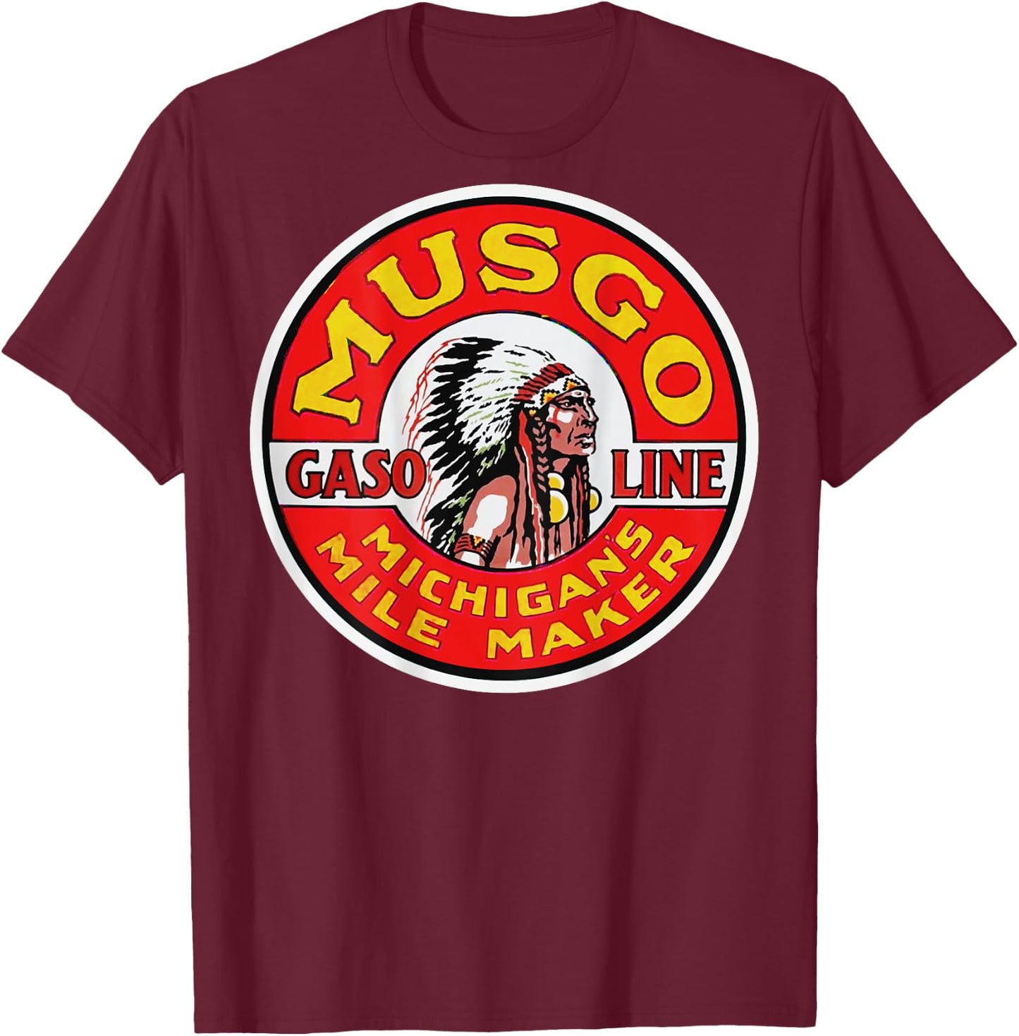 Back Print Only Retro Vintage Gas Station Musgo Gasoline Oil T-Shirt - T-Shirt | Maroon