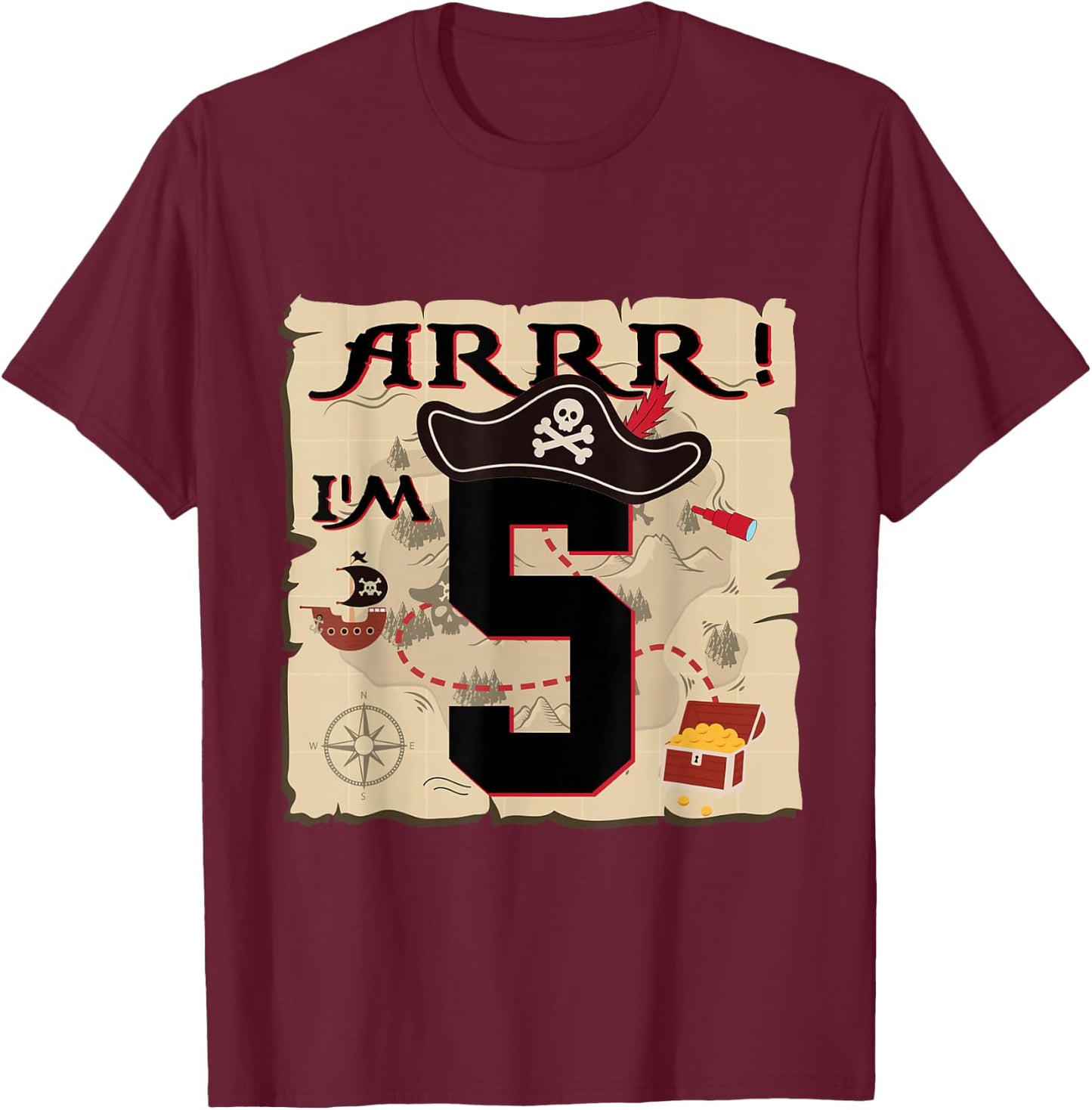 Arrr I'M 5 ARR Pirates Treasure Map 5th Birthday Pirate T-Shirt - T-Shirt | Maroon