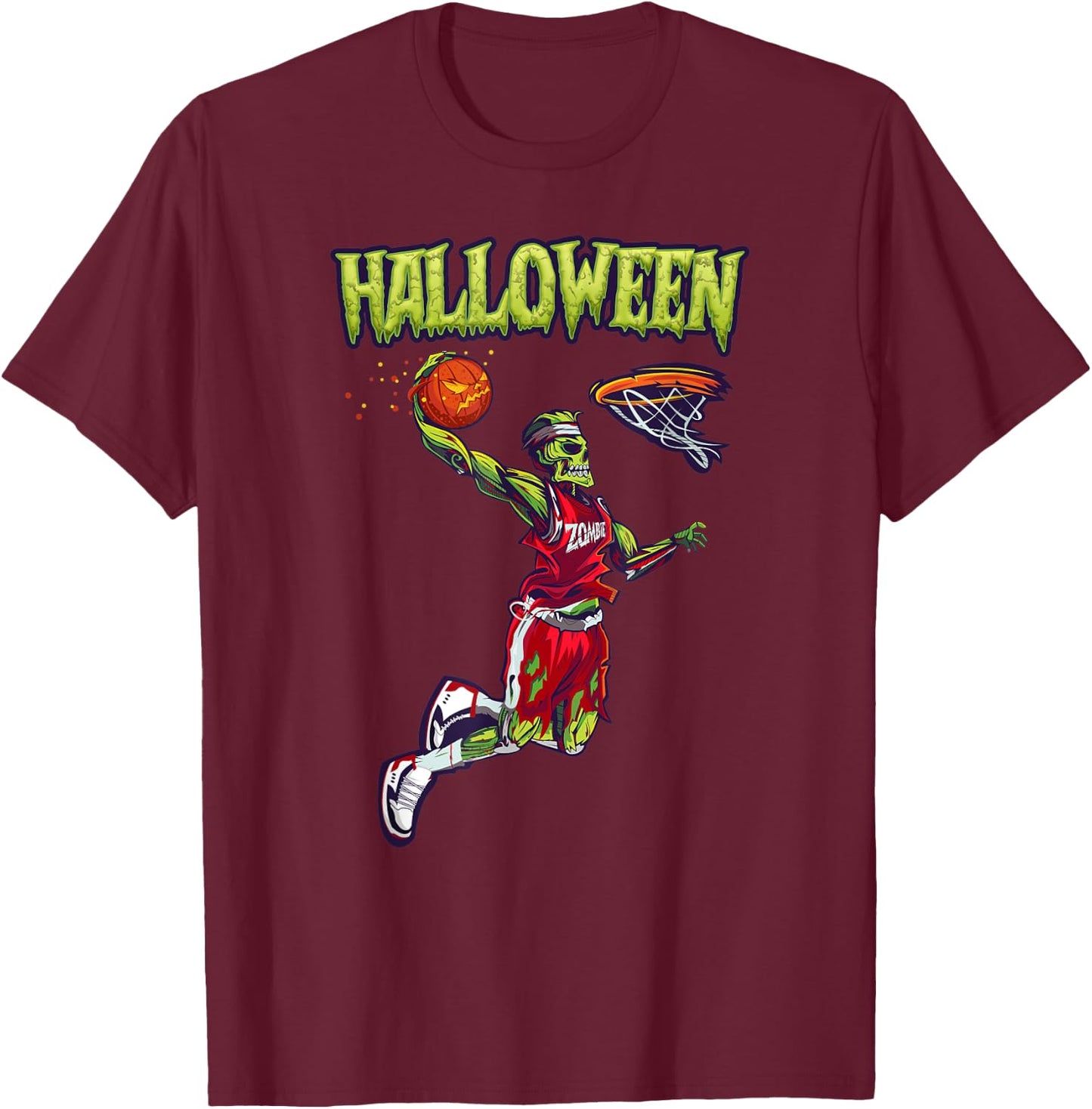 Jump Zombie Basketball Dunk Player Halloween Pumpkin Ball T-Shirt - T-Shirt | Maroon