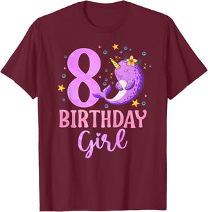 Narwhal Unicorn Of The Sea 8th Birthday Girl 8 Year Old T-Shirt - T-Shirt | Maroon