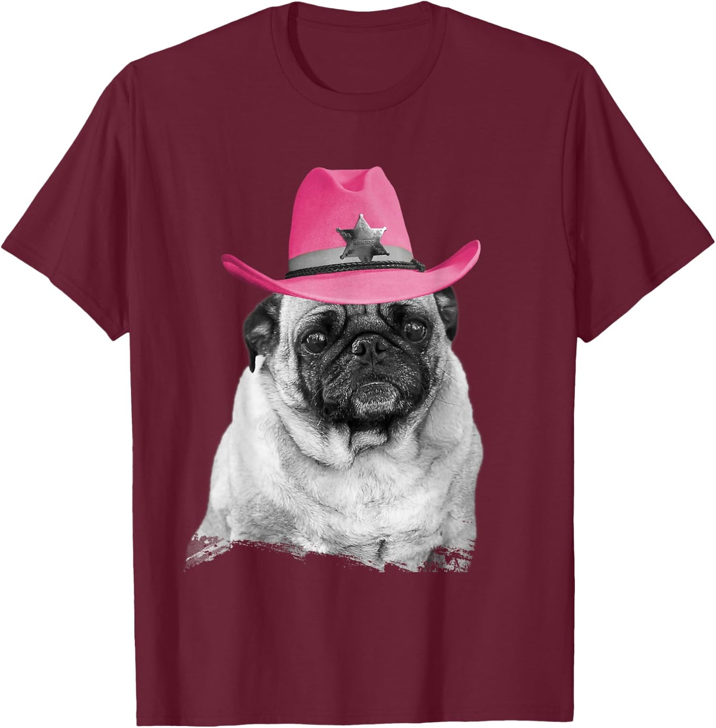 Dog Pug Wearing Pink Cowboy Hat Cowgirl T-Shirt - T-Shirt | Maroon