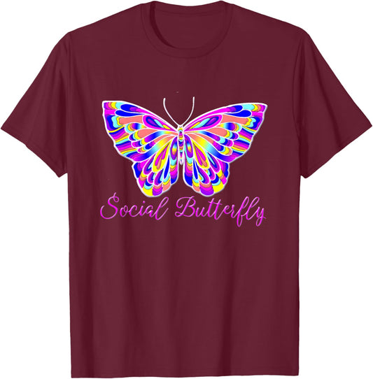 Social Butterfly - Elegant Pink Butterfly T-Shirt - T-Shirt | Maroon