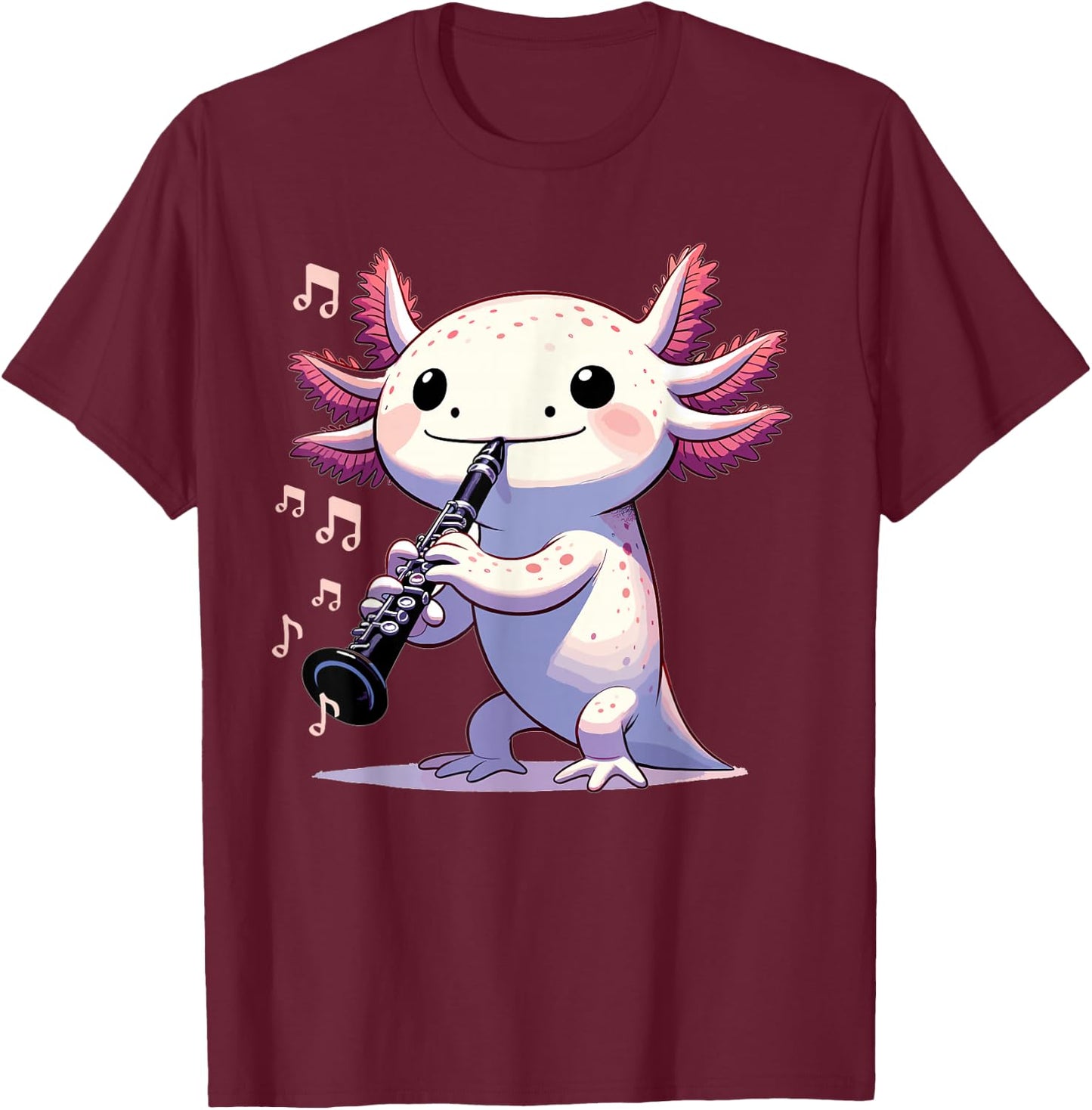 Cute Pink Kawaii Axolotl Playing Clarinet T-Shirt - T-Shirt | Maroon