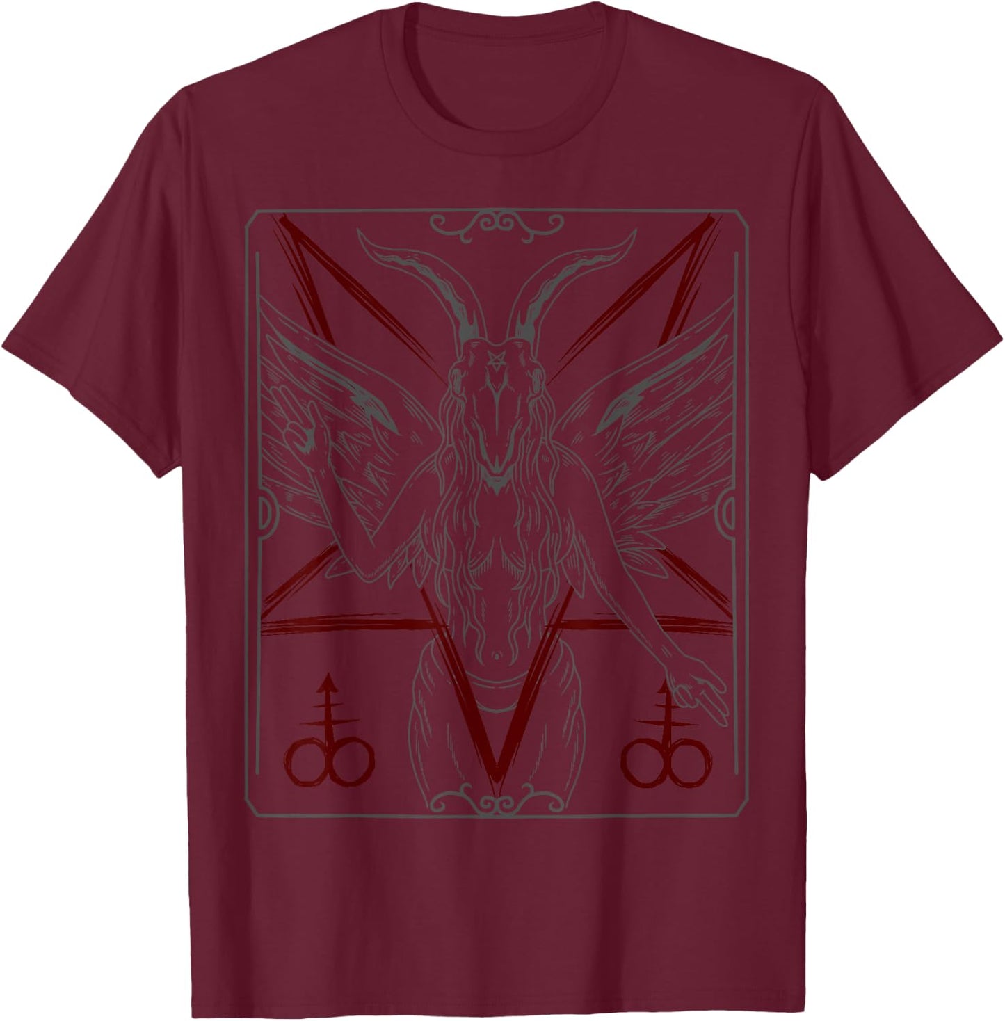Lucifer Sigil Skeleton Goat Occult Gothic Baphomet Satanic T-Shirt - T-Shirt | Maroon
